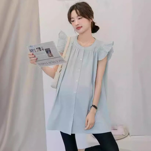 Summer Maternity Clothing Korean Style Pregnant Women's Small Shirt Shirt Small Flying Sleeve Mid-length Pregnant Women's Top Sweet Elegant Shirt