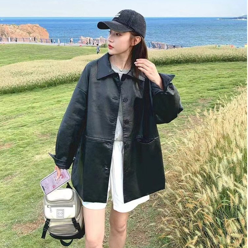 Black Leather Jacket for Women 2025 Autum New Cool Style Petite Motorcycle Style Retro Jacket Top