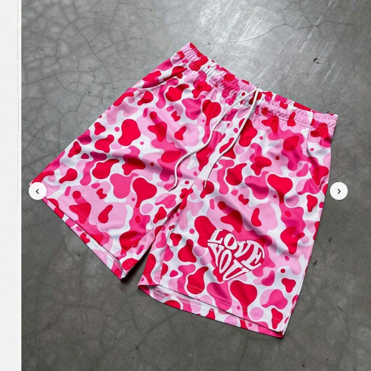 Y2K Sweet Cool Pink Camouflage Heart-Shaped Men's Beach Shorts Mesh Breathable Sports Shorts Cross-Border Factory Wholesale