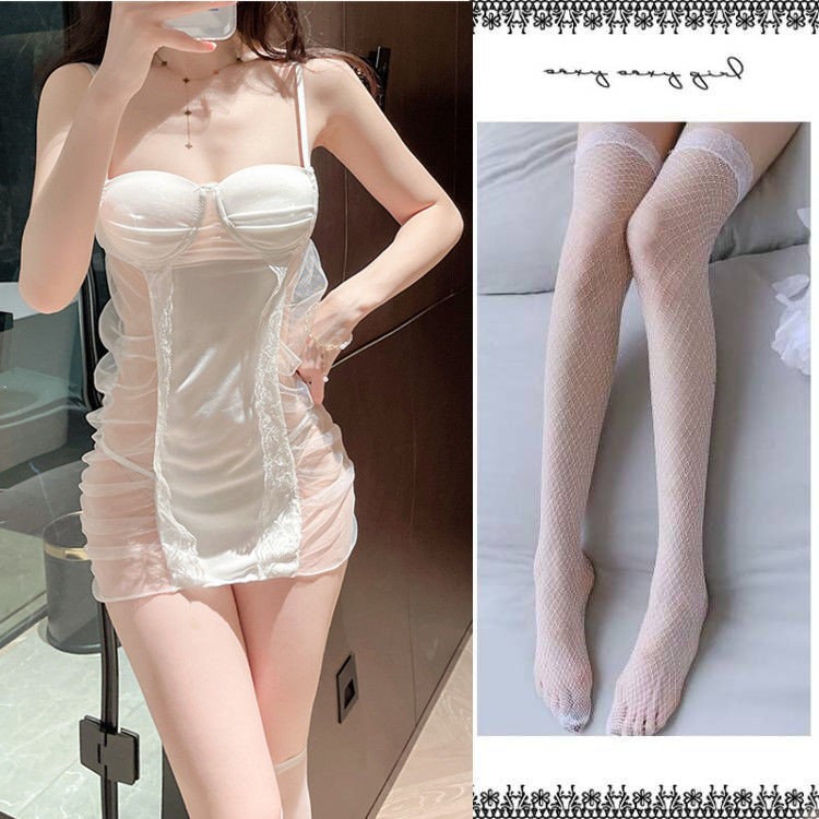 흰색 서스펜더 스커트 + T바지 + 흰색 망사스타킹