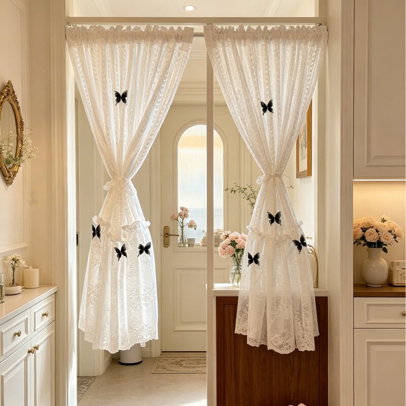 Amazon French-Style Cream Heart Lace Sheer Curtain for Bay Window, No-Drill Magic Tape Partition Kitchen Door Curtain