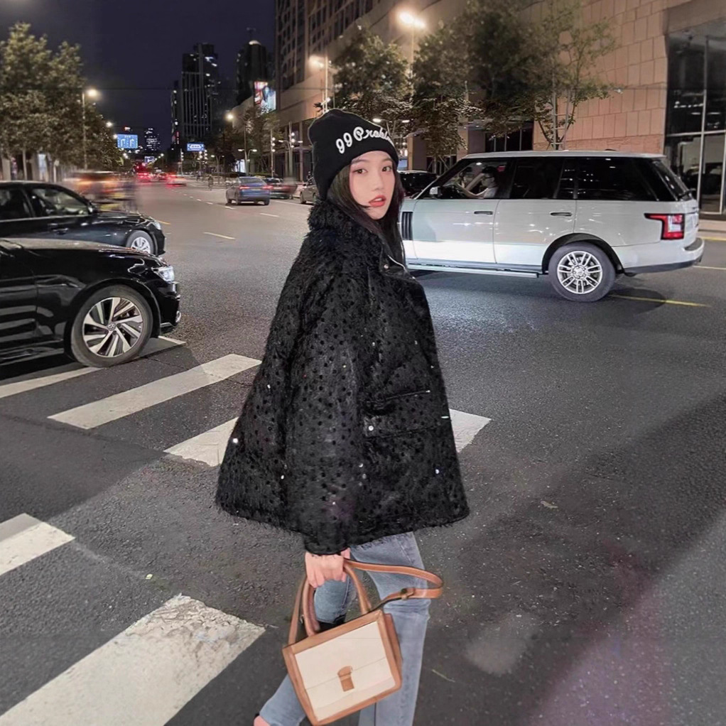 1029-16   徐璐明星同款！南油欧货90白鸭绒重工亮片羽绒服外套