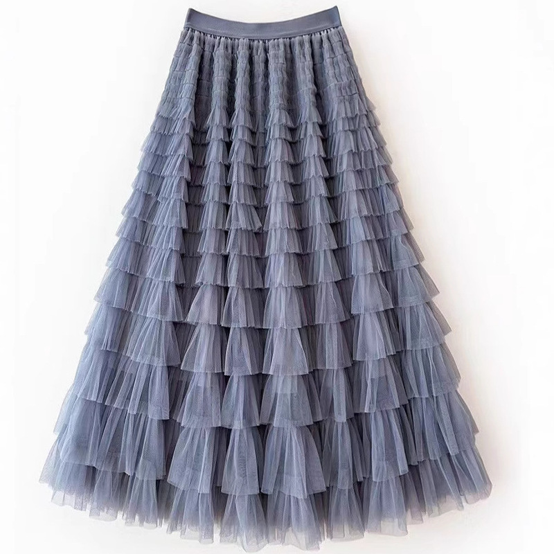 New Style Cake Skirt Mesh Skirt Women's Spring and Autumn Elegant Layers of Veil Skirt Long High Waist Puffy Skirt Pleated Long Skirt