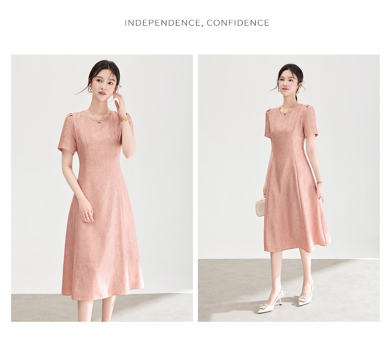 Đầm chữ A nữ cao eo họa tiết jacquard nơ — màu hồng chi tiết 12