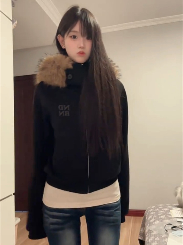 美式高街黑色显瘦字母毛领连帽长袖卫衣女春秋收腰原宿风开衫上衣|undefined