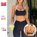 跨境撞色挂脖款裸感带胸垫显胸聚拢瑜伽运动内衣性感美背运动文胸