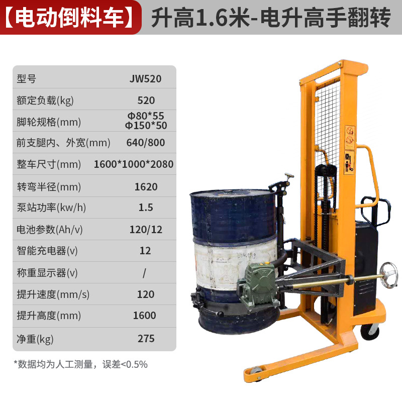 Carrileta elevadora de barril eléctrico de aceite elevación camión de descarga hidráulico de barril de barril de hierro camión de transporte de barril de plástico pesado