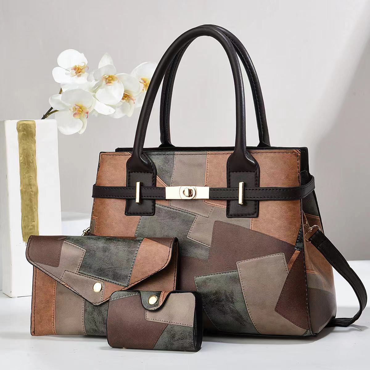Color Block Pattern All Seasons Season Women's Gender Women's Large Leather Color Block Vintage Style Sewing Thread Square Zipper Bag Sets