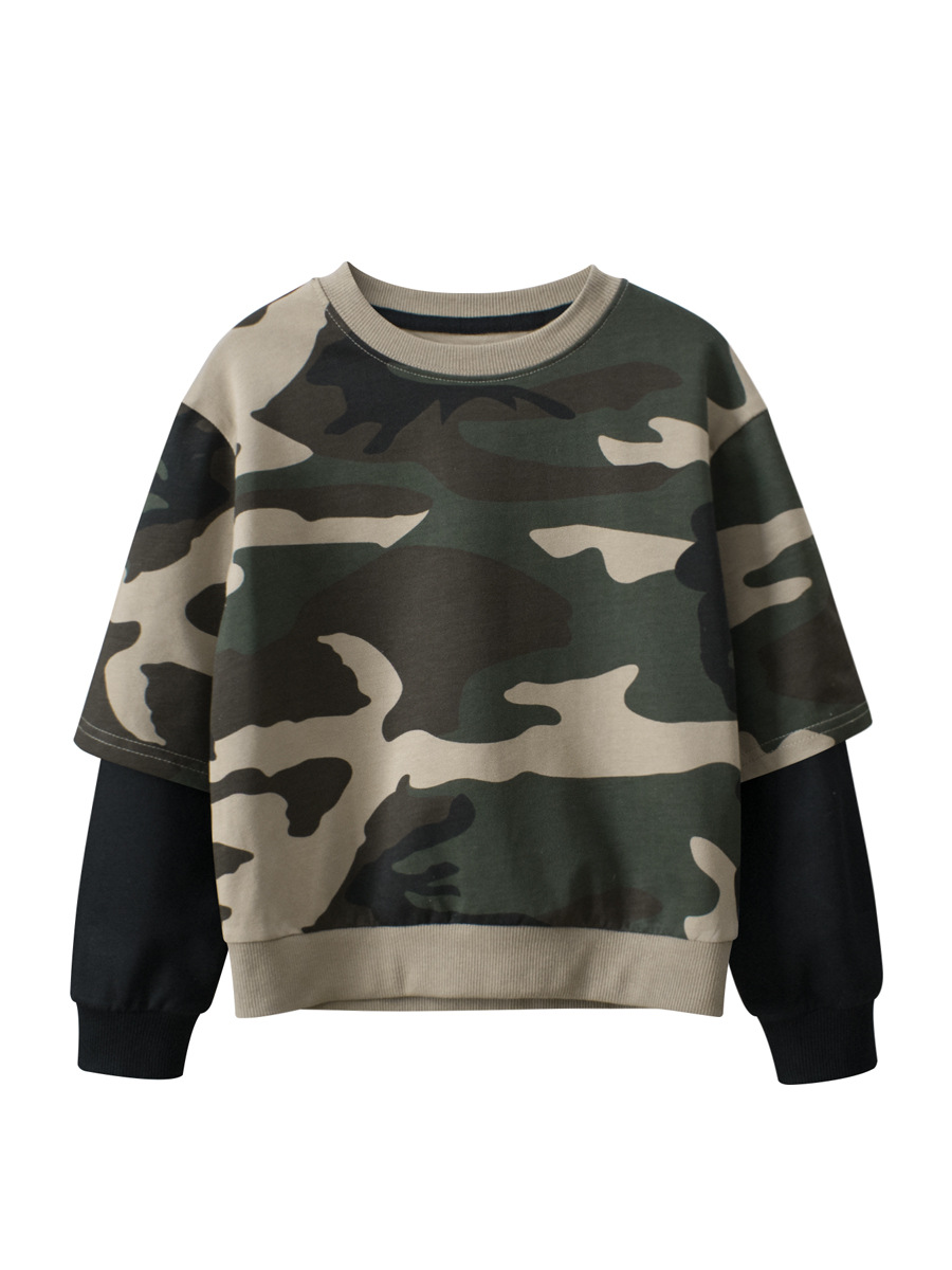 27kids ropa para niños transfronterizos 2025 primavera y otoño suéter para niños falso dos ropa para bebés camuflaje de una pieza