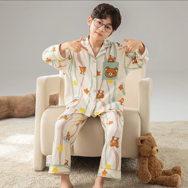 2025 Children's Spring and Autumn Cotton Long Sleeve Pajamas Set Boys Cartoon Lapel Designer Cotton Wool Baby Home Clothes