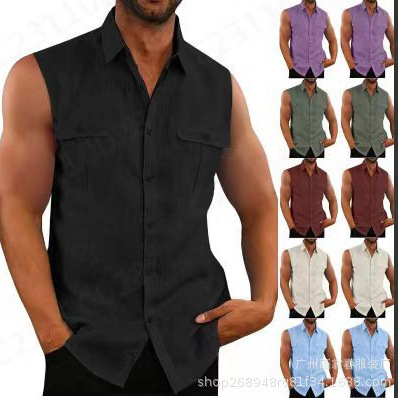Cross-Border Aliexpress Ebay European and American Men's Shirts, Vests, Double-Pocket Cotton and Linen Sleeveless Shirts, Casual Vacation Shirts