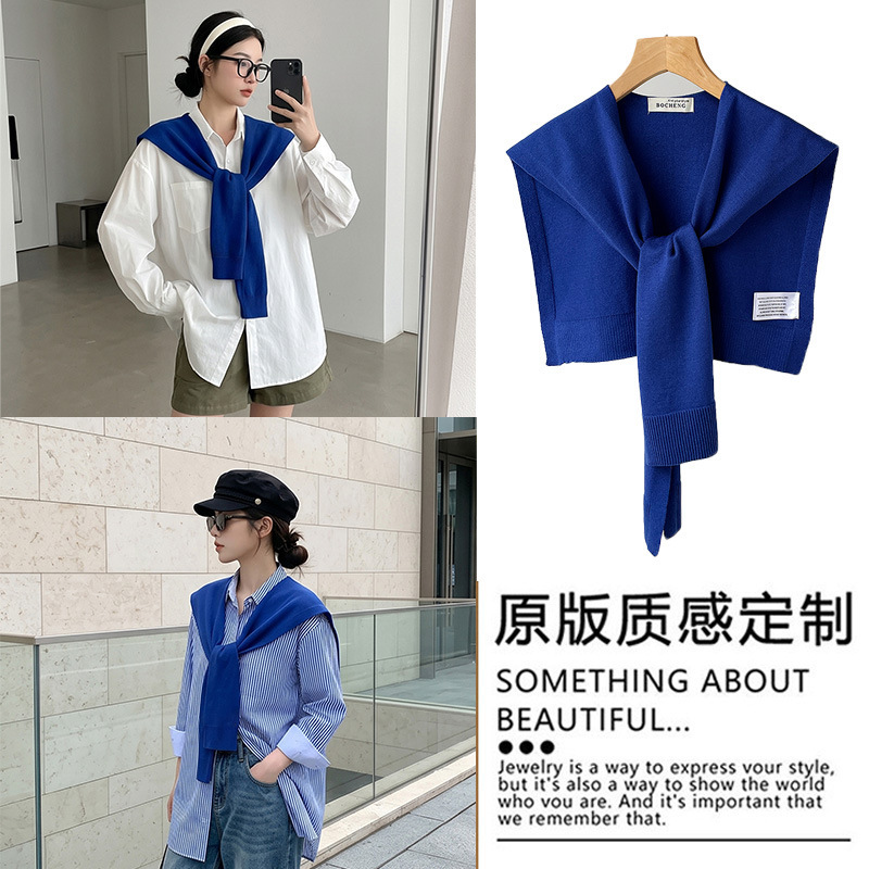 Blue Knitted Shawl for Women, Solid Color Small Cape, Stylish Shoulder Protector, Knitted Shawl Paired with a Shirt for a High-End Look Blue Knitted Shawl for Women, Solid Color Small Cape, Stylish Shoulder Protector, Knitted Shawl Paired with a Shirt for a High-End Look