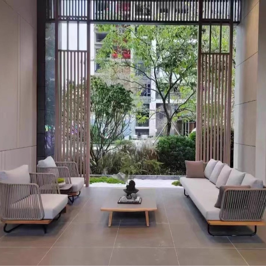 Sofá al aire libre anti-solar impermeable patio silla de ratana terraza al aire libre jardín ratana tejida muebles de teca balcón combinación de ocio