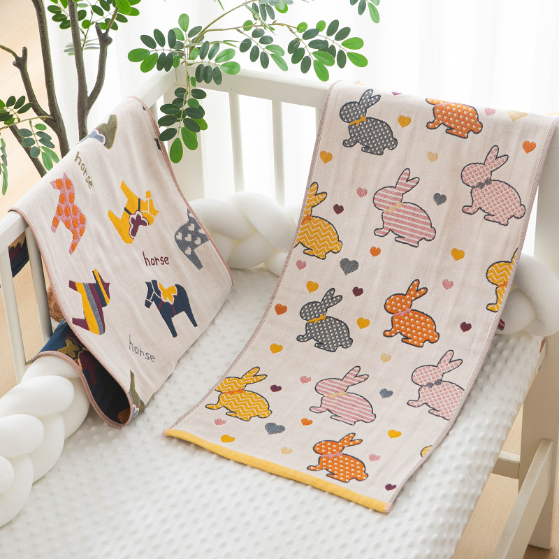 4-Layer Gauze Towel, Pure Cotton, for Face Washing, Household Use, Absorbent, Non-Shedding, Cartoon Design, for Adults, Double-Sided Gauze Towel for Bathing