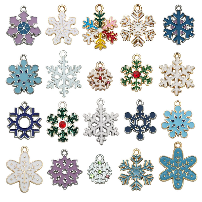 Mixed Set of 20 Christmas Snowflake DIY Enamel Alloy Earrings, Bracelets, Keychains, Pendants, Small Hanging Ornaments, Accessories, and Decorations