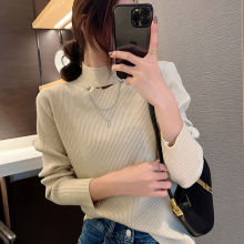 白色半高领感小众链条毛衣女秋冬长袖内搭别致简约针织打底衫