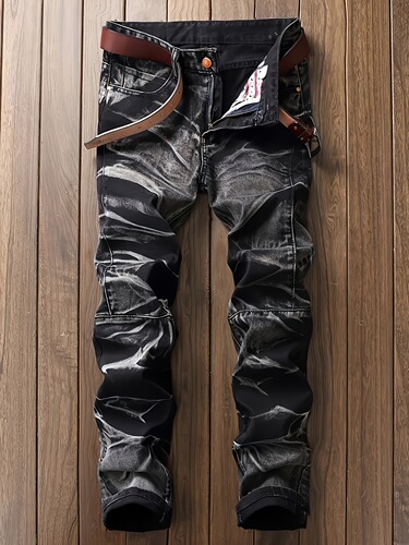 Men's Slim Fit Distressed Denim Pants Heavy Duty Tie Dye