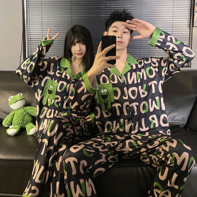 2024 new couple pajamas spring and autumn ice silk long sleeve women's thin high-grade men's summer homewear suit 2024 new couple pajamas spring and autumn ice silk long sleeve women's thin high-grade men's summer homewear suit