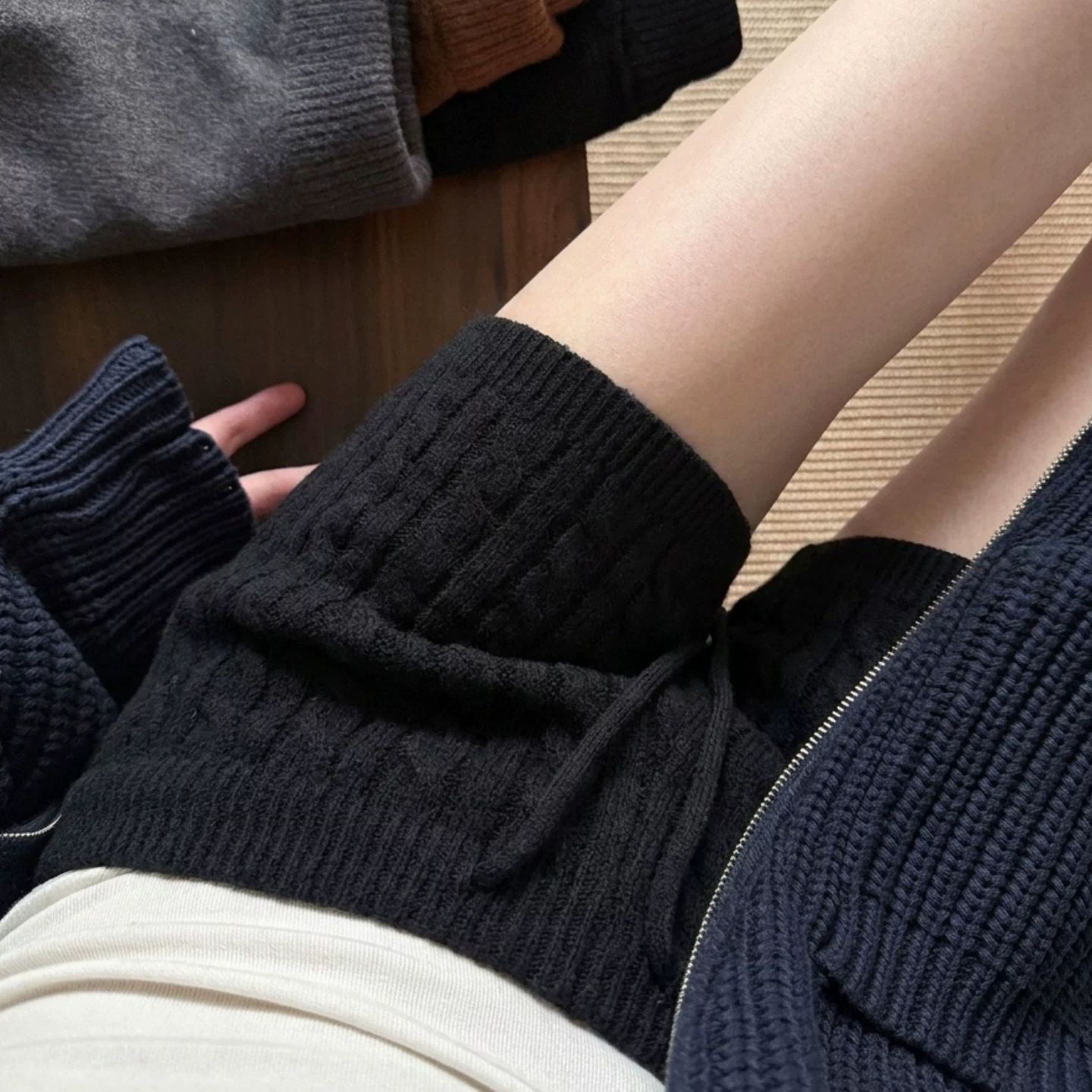 MM923高腰针织短裤女秋冬新辣妹穿搭小个子休闲裤抽绳毛线打底裤