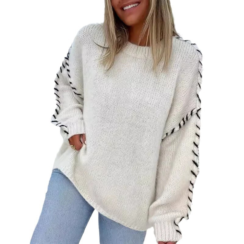 Women's Clothing spring and autumn women's fashion pullover solid color round neck long sleeved top wear rope loose knitted sweater_voghion.com