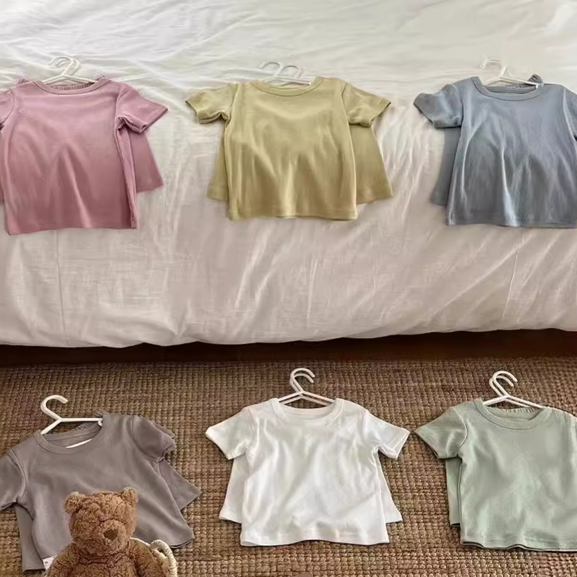 Summer New Kidsren's Pure Color Breathing Pajamas for Boys and Girls Baby Pure Cotton Type a Home Clothes Set