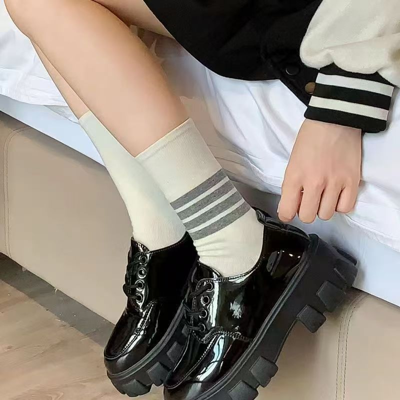 袜子中筒袜韩版ins百搭黑白灰色中筒袜春秋季学院条纹运动袜子女|undefined