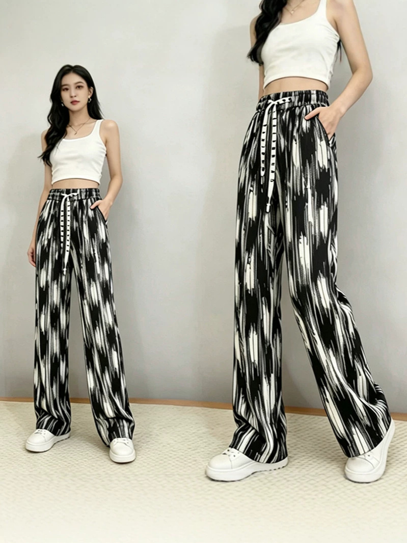 Extended Length Tie-Dye Ice Silk Wide-Leg Pants for Women, Thin Summer High-Waisted Casual Loose Slimming Straight-Leg Floor-Length Pants