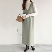 5色现货2024日韩新品无袖 V 领过膝长裙连衣裙子有口袋