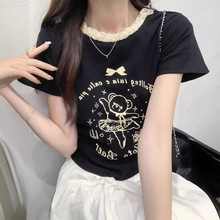 辣妹甜美蕾丝正肩短袖T恤2024夏季新款甜辣修身显瘦ins风上衣短款