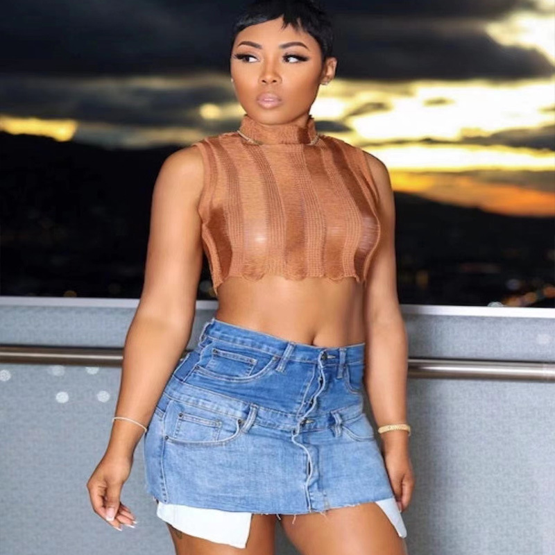 Spring and Summer 2024 New Early Autumn Knitted Vest Women's High Neck Short Hollow Navel Vest Sweater European and American Style