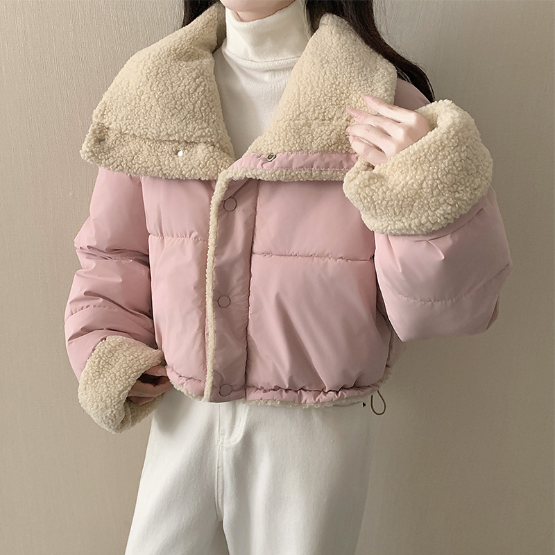 女性用ショートコート、韓国風ラペル模造ラムウールコットンコート、ゆったり両面着用長袖パンコート、冬用コットンコート|undefined