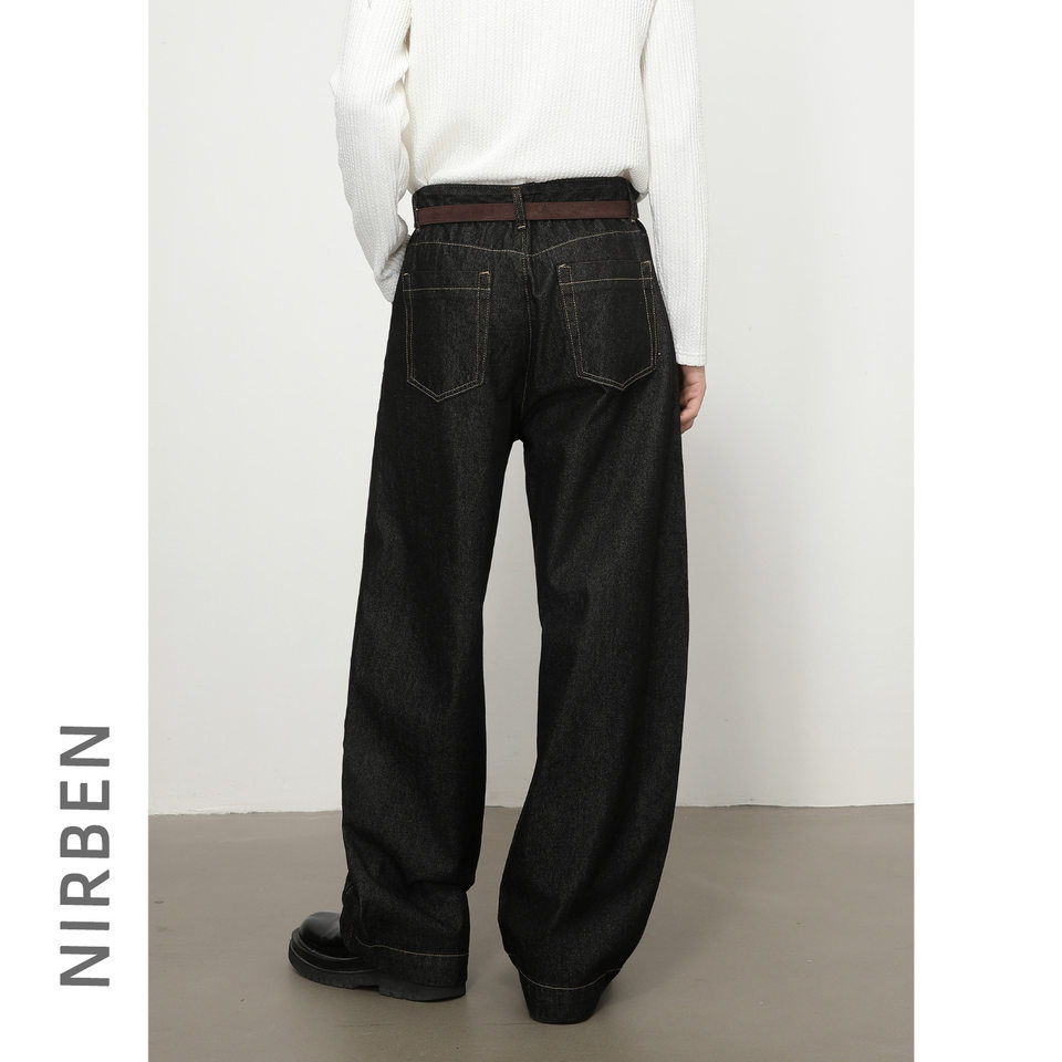Quần jean nam denim đen dáng suông ống rộng kiểu banana lưng giữa, phong cách đường phố — Denim đen