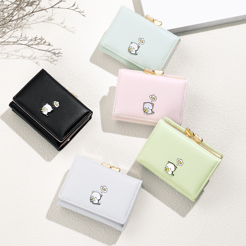 Cartera de venta en caliente transfronteriza en niñas macarón gato clip cartera corta plegable pu piel bolsa de cambio bolsa de tarjeta