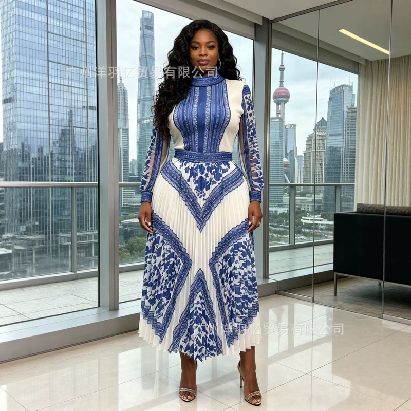 European and American Elegant Round Neck Lantern Sleeve Fashion Printed Waist-Cinching Pleated Long Dress Women's Clothing 2026 New Style