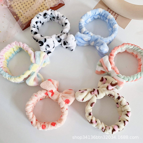 Korean Version Women's Striped Polka Dot Leopard Print Bow Hair Band Headwear Flannel Sports Washable Hair Ties Hair Band Wholesale