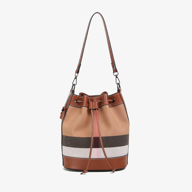 Genuine Leather Bucket Bag, Plaid Bag, Canvas Patchwork Shoulder Crossbody Bag, Mother-Daughter Bag, 2026 New Model, Brown Women's Bag, Manufacturer