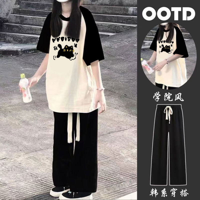 单/套装夏季女装韩版宽松印花短袖休闲阔腿裤子温柔风穿搭两件套