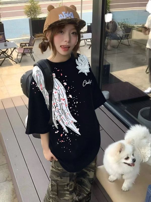 黎組主アメリカ復古高街立体レリーフ刺繍羽羽純綿丸襟潮牌半袖tシャツ女|undefined