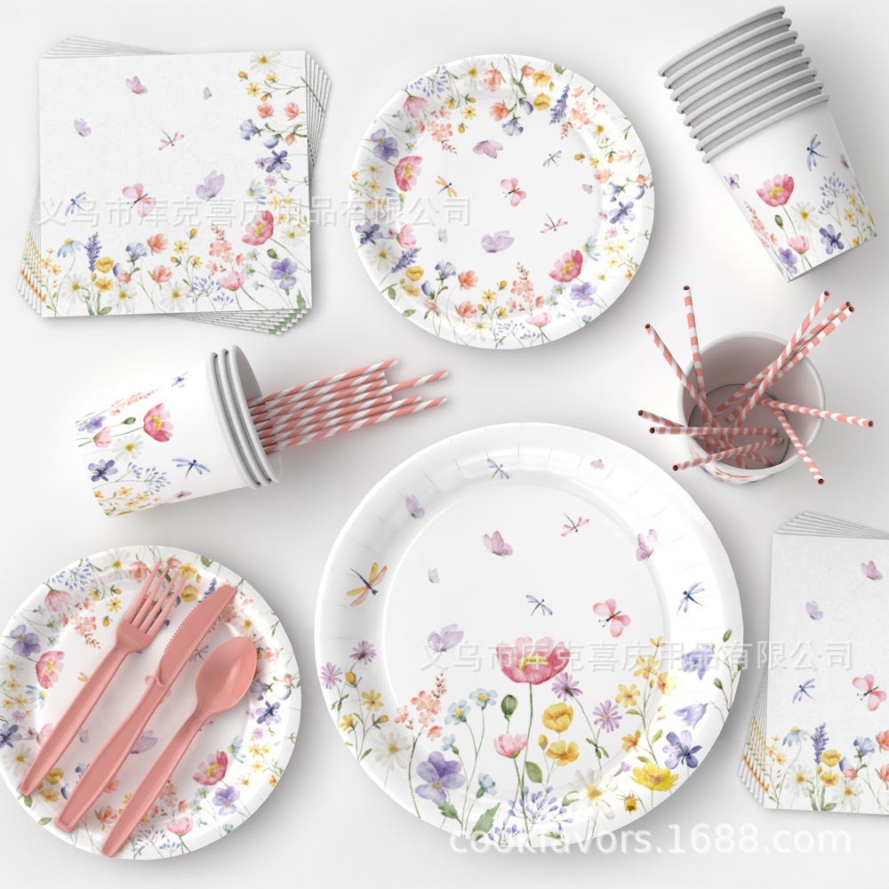 Nuevos platos de fiesta de flores silvestres cubiertos de fiesta de cumpleaños bandeja de papel desechable toallas de papel decoración de bandera