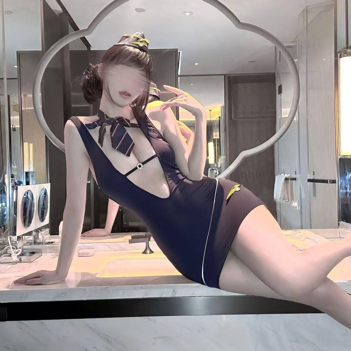 Qiaoduo Sexy and Hot Pure Lust Style Exposed Breasts Temptation Stewardess Uniform Temptation Sexy Intimates Women's Pajamas Passionate No Need to Take Off