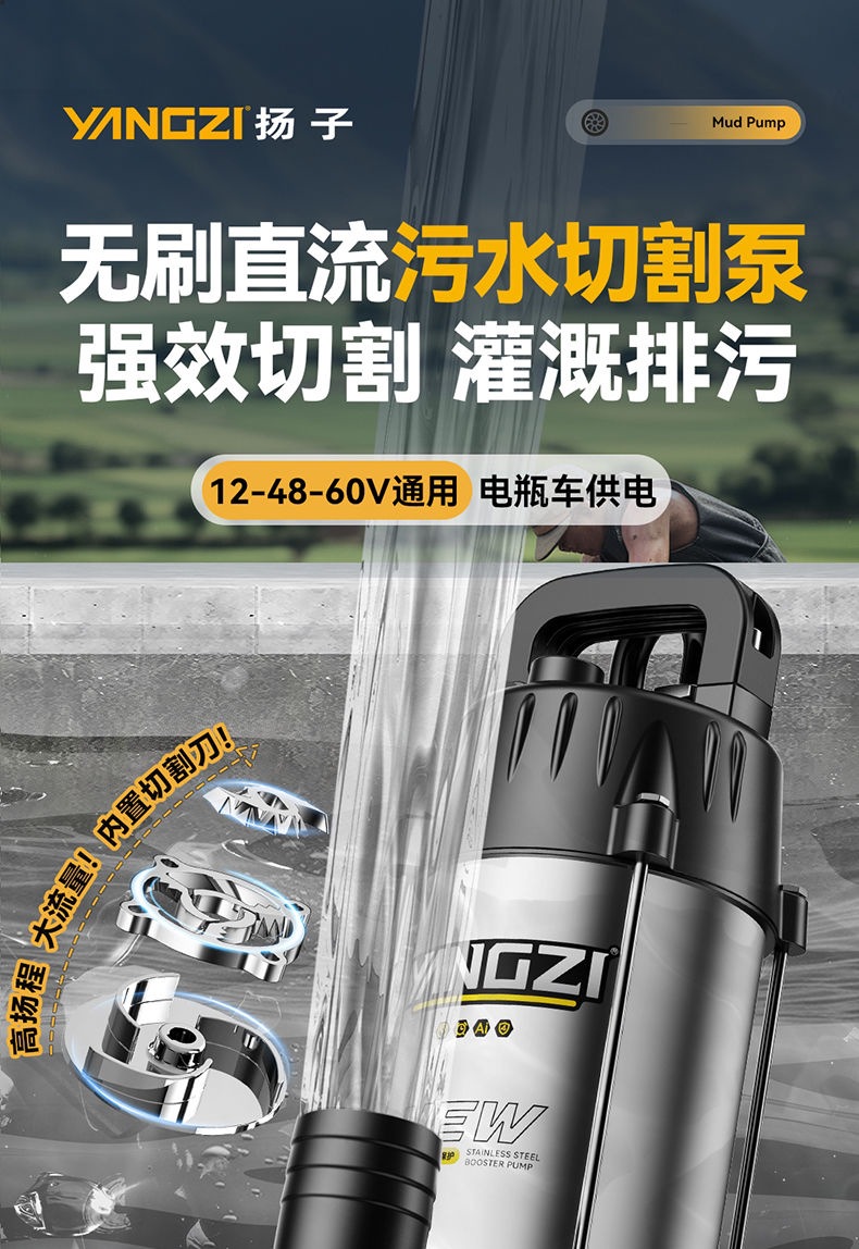 Yangzi Dc Submersible Sewage Cutting Pump 12V/24V/48V/60V Universal Electric Battery Car Water Pump 2
