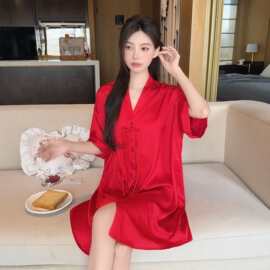 现货跨境爆款春夏冰雪丝开衫睡裙女红色高级感家居服睡裙工厂批发