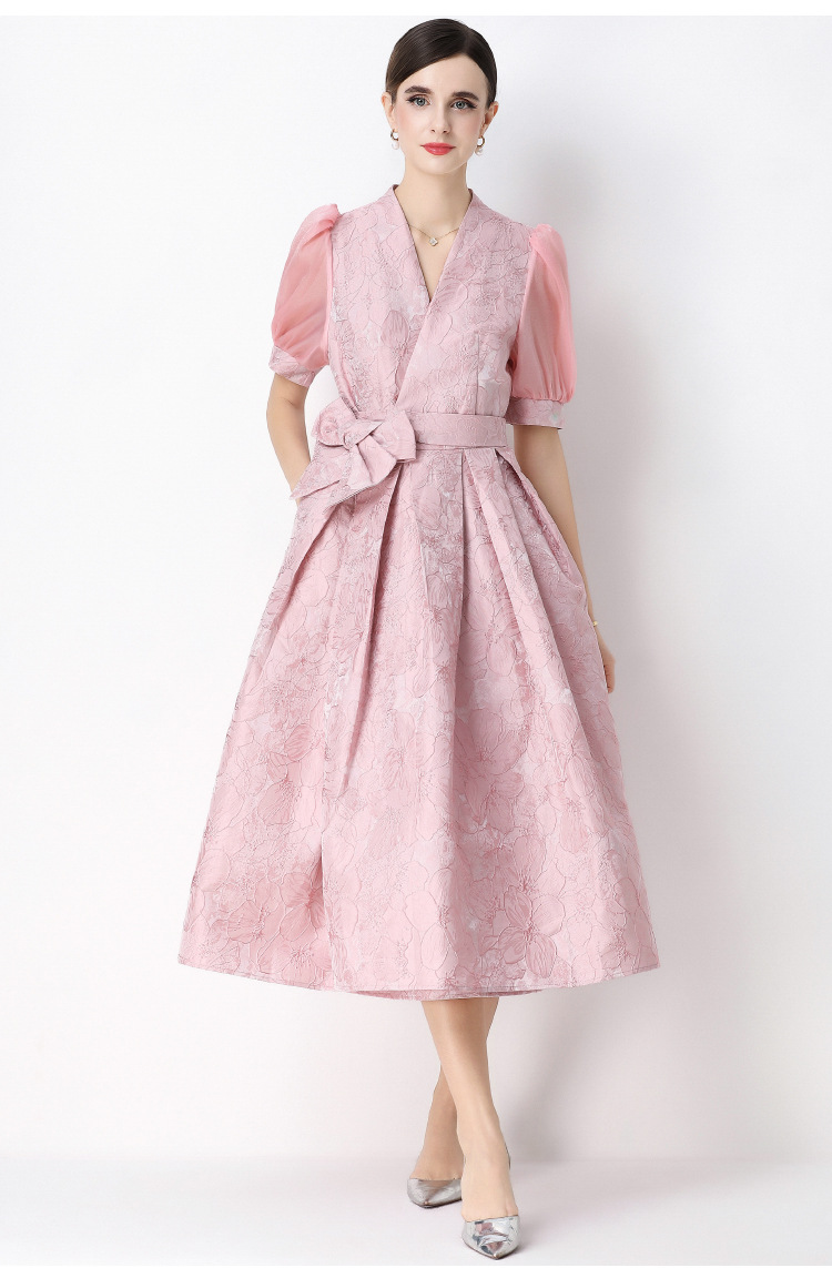 Đầm maxi nữ thắt eo V cổ tay ngắn họa tiết jacquard thanh lịch — màu đen, xanh lam, Màu hồng, màu trắng chi tiết 11