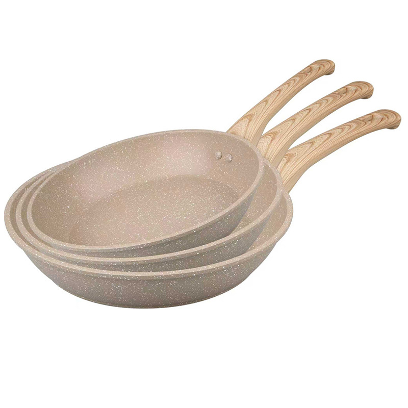 Cruce fronterizo estilo japonés fondo plano antiadherente sartén casera mango de madera arroz piedra sartén casera de huevos set de tres piezas