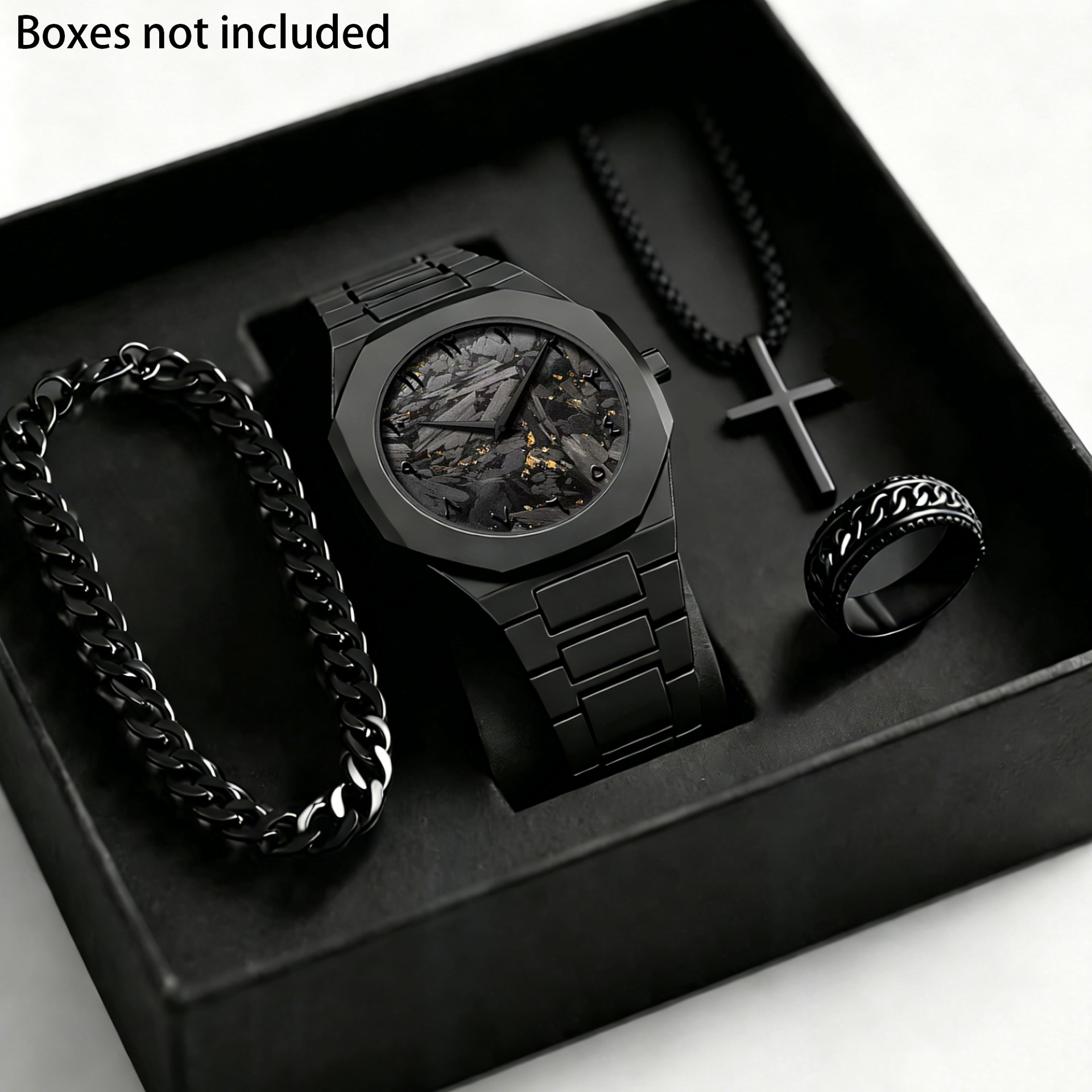 Transfronterizo explosión de moda de Oriente Medio relojes de cuarzo de moda de hombre relojes de pulsera negros anillo collar conjunto caja de regalo image 4