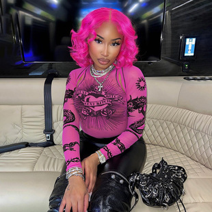 American New Hip-Hop Printed Spice Girl Sexy Bottoming Irregular Perspective Hollow-Out Design Women's Long-Sleeved Body Clothes