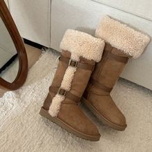 河南桑坡羊皮毛一体平底骑士靴雪地棉冬季高筒加绒防寒保暖棉靴子