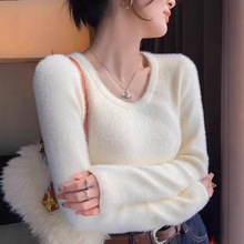 一体绒低领打底毛衣女秋冬季新款抗起球白色修身针织内搭打底上衣