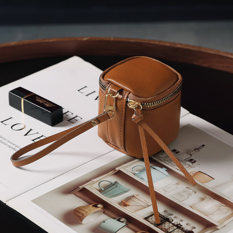 Bolsa de maquillaje de cuero retrógrado, bolso de cambio de lápiz labial, bolso de viaje portátil, barril de almacenamiento personalizado, mini bolso de cambio redondo