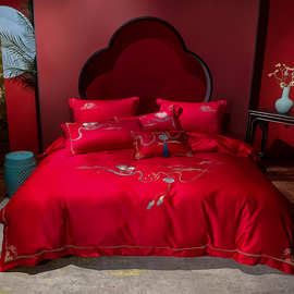 简约大红100支刺绣婚庆四件套 两小无猜结婚喜被套新婚床上用品